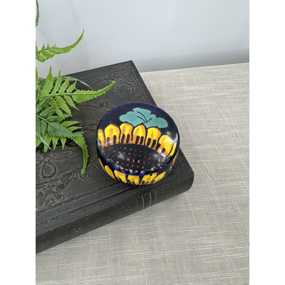 Vintage Mexican Pottery Talavera Trinket Dish With Lid Hand Painted, 3.5"x3.5